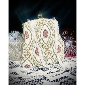 Vintage Handbag Cream & Pink Multi Floral Beaded Embroidered Purse Evening Bag